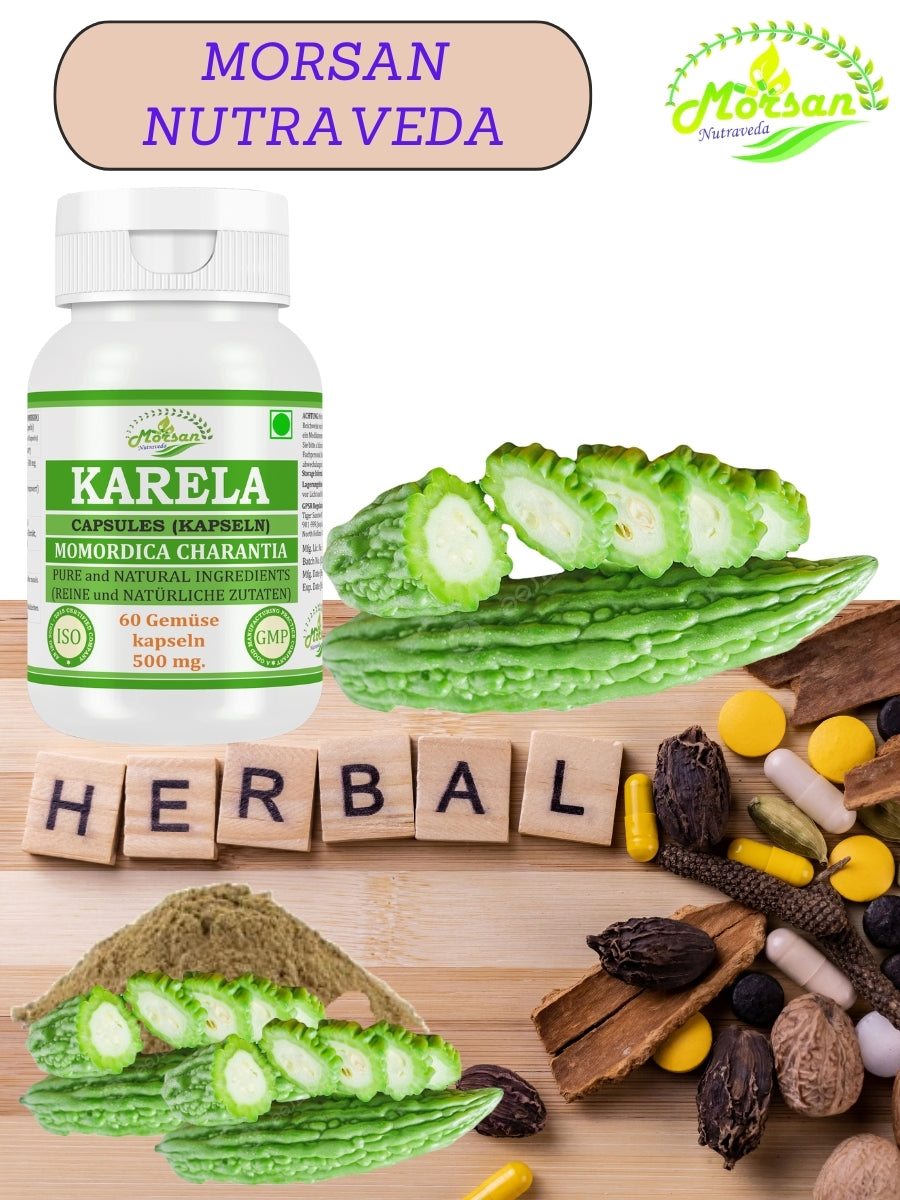 Morsan Nutraveda’s Karela (Momordica Charantia, Bitter Melon) Capsule | 10:1 Highest Potency Extract | 100 % Natural Product | Pack of 60 x 500 mg. Veg. Capsules