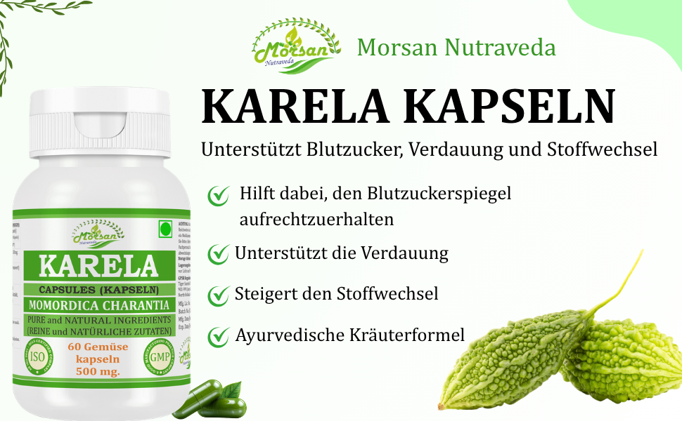 Morsan Nutraveda’s Karela (Momordica Charantia, Bitter Melon) Capsule | 10:1 Highest Potency Extract | 100 % Natural Product | Pack of 60 x 500 mg. Veg. Capsules