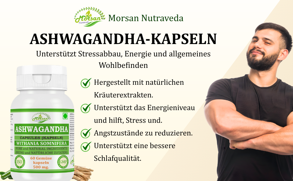 Morsan Nutraveda Ashwagandha-Kapseln – 500 mg 10:1-Extrakt | 60 vegane Kapseln | Nahrungsergänzungsmittel