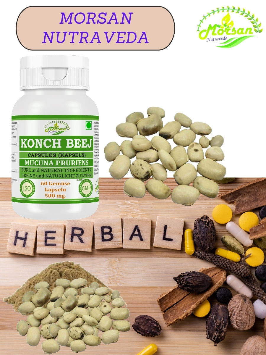 Morsan Nutraveda Konch Beej Capsules 500 mg, Mucuna Pruriens Herbal Supplement, 60 Capsules, Pure and Natural Ingredients