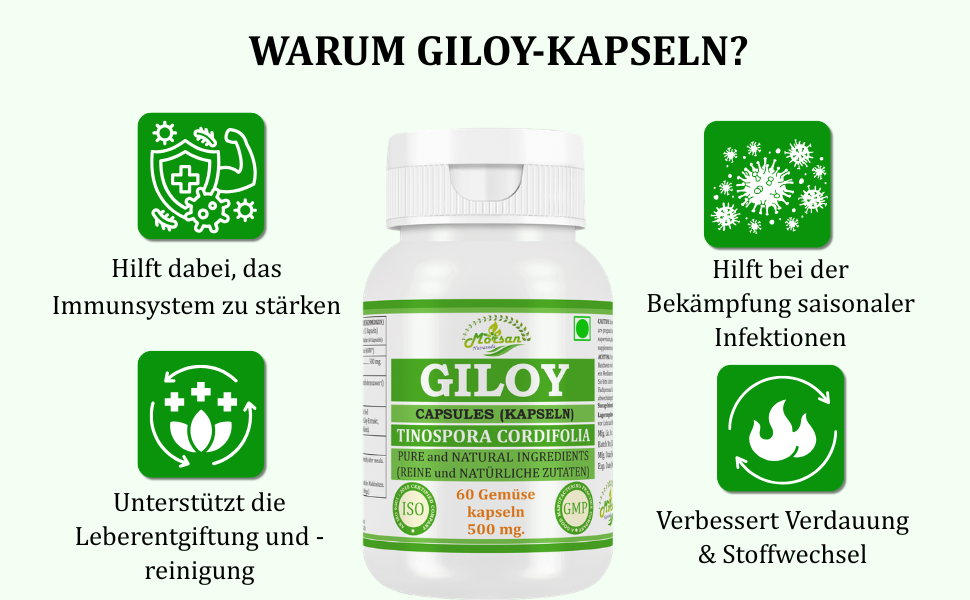 Morsan Nutraveda Giloy (Tinospora Cordifolia, Guduchi) Kapseln | 10:1 hochkonzentrierter Extrakt | 100 % Naturprodukt | Packung mit 60 x 500 mg Vegi-Kapseln