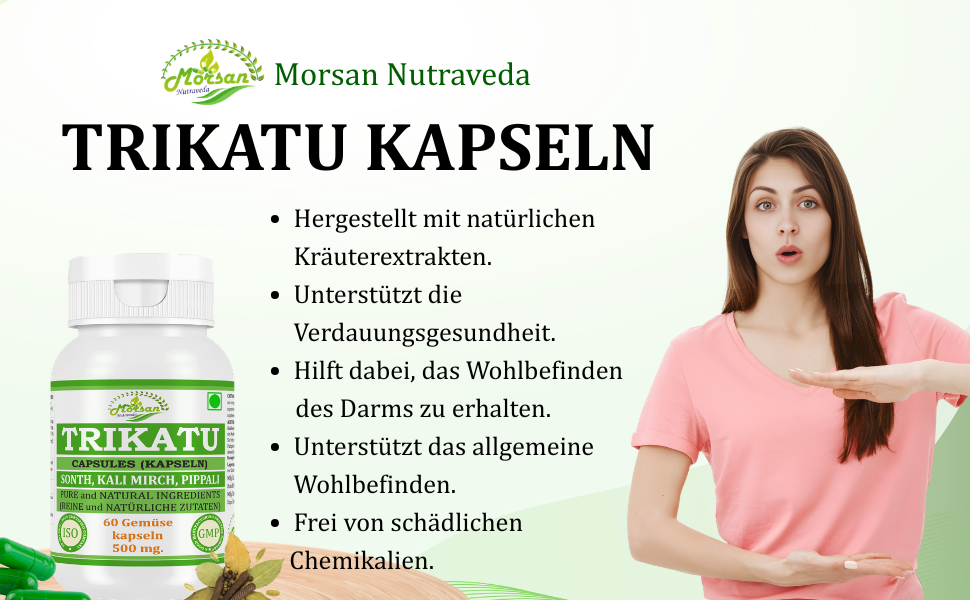 Morsan Nutraveda Trikatu (Extrakt aus Pippali (Piper Longum), Kali Mirch (Piper Nigrum), Sonth (Zingiber Officinale)) Kapseln | 10:1 hochkonzentrierter Extrakt | Packung mit 60 x 500 mg vegetarischen Kapseln
