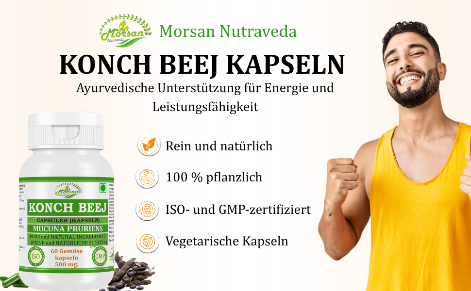 Morsan Nutraveda Konch Beej Capsules 500 mg, Mucuna Pruriens Herbal Supplement, 60 Capsules, Pure and Natural Ingredients