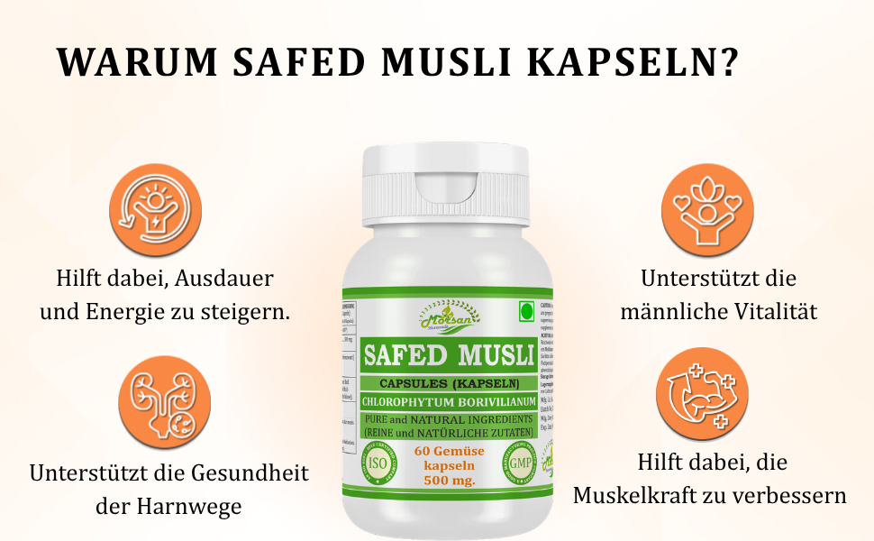 Morsan Nutraveda Safed Musli (Chlorophytum Arundinaceum) Kapseln | 10:1 Extrakt mit höchster Wirksamkeit | 100 % natürliches Produkt | Packung mit 60 x 500 mg Veg. Kapseln