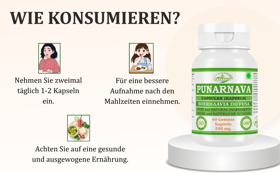 Morsan Nutraveda Punarnava (Boerhaavia Diffusa, Punernava) Kapseln | 10:1 hochkonzentrierter Extrakt | 100 % Naturprodukt | Packung mit 60 x 500 mg Veg.-Kapseln