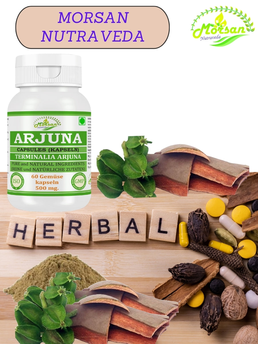 Morsan Nutraveda Arjuna (Terminalia Arjuna) Kapseln | 10:1 hochkonzentrierter Extrakt | 100 % Naturprodukt | Packung mit 60 x 500 mg Veg. Kapseln
