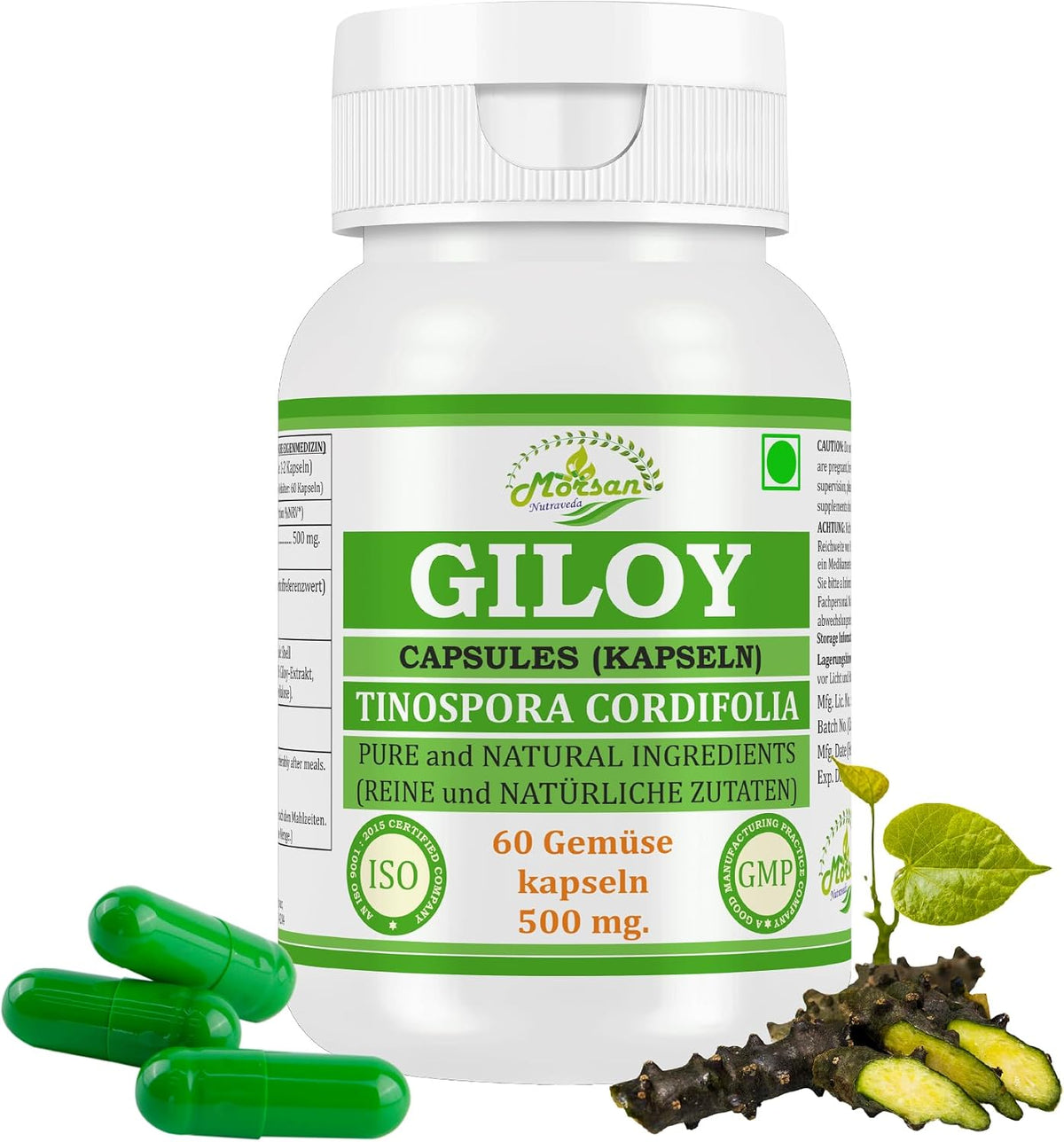 Morsan Nutraveda Giloy (Tinospora Cordifolia, Guduchi) Kapseln | 10:1 hochkonzentrierter Extrakt | 100 % Naturprodukt | Packung mit 60 x 500 mg Vegi-Kapseln