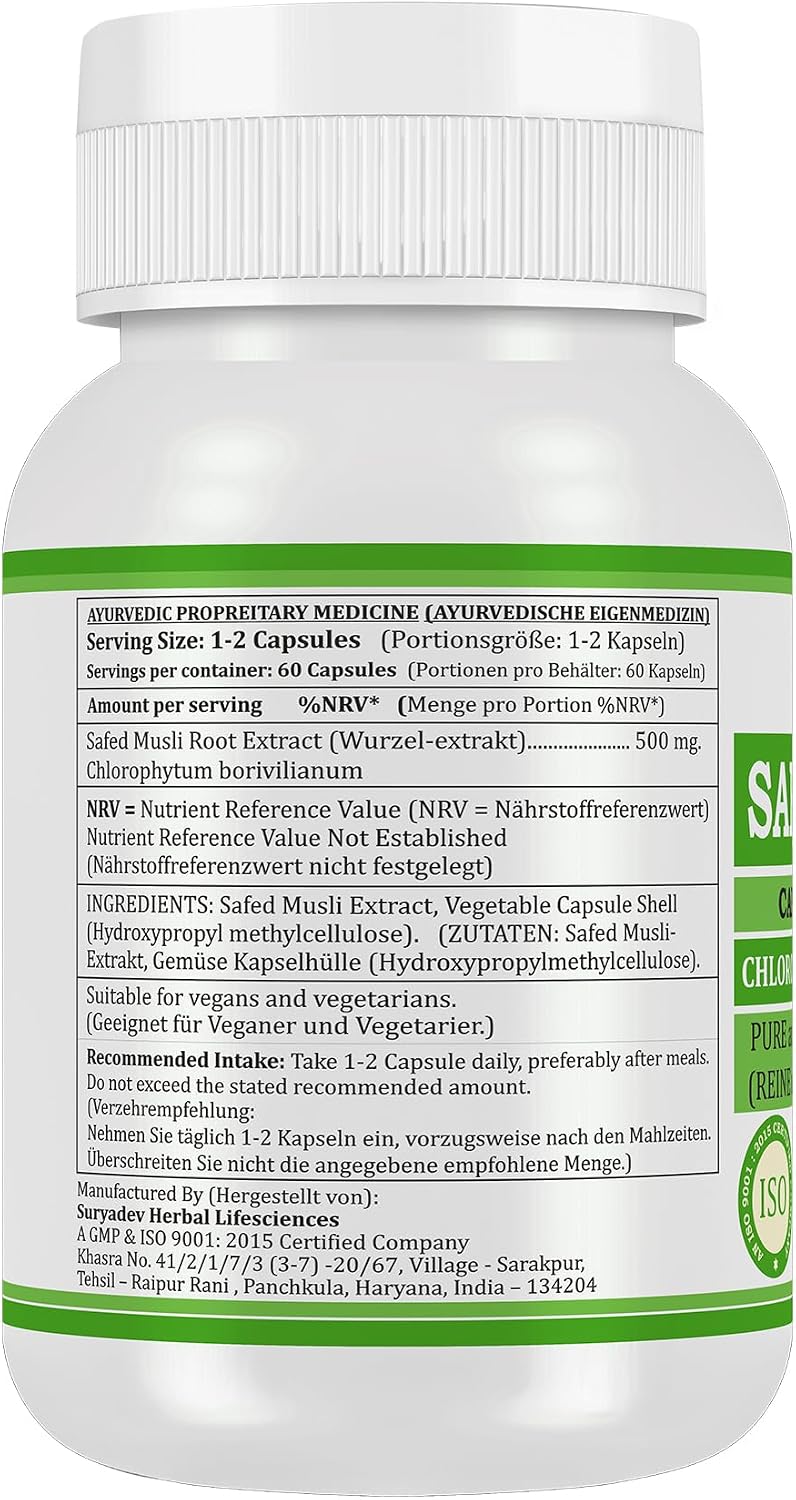 Morsan Nutraveda Safed Musli (Chlorophytum Arundinaceum) Kapseln | 10:1 Extrakt mit höchster Wirksamkeit | 100 % natürliches Produkt | Packung mit 60 x 500 mg Veg. Kapseln