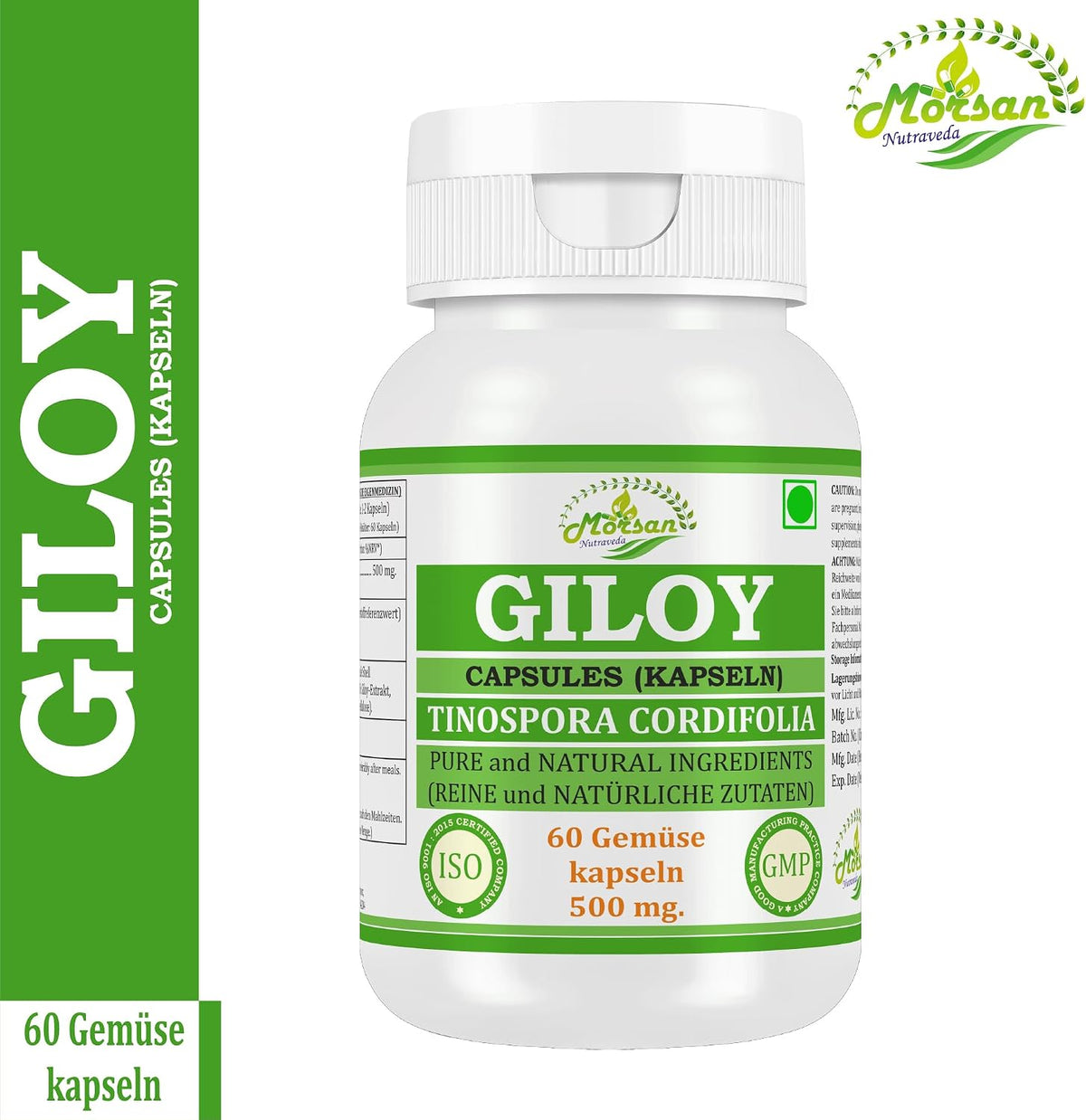 Morsan Nutraveda Giloy (Tinospora Cordifolia, Guduchi) Kapseln | 10:1 hochkonzentrierter Extrakt | 100 % Naturprodukt | Packung mit 60 x 500 mg Vegi-Kapseln