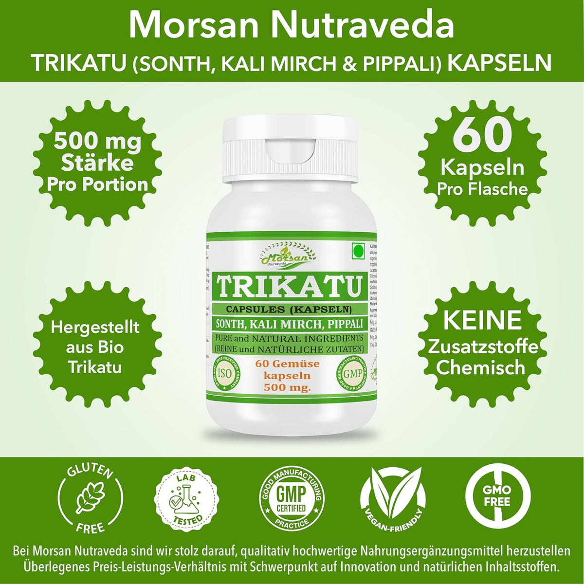 Morsan Nutraveda Trikatu (Extrakt aus Pippali (Piper Longum), Kali Mirch (Piper Nigrum), Sonth (Zingiber Officinale)) Kapseln | 10:1 hochkonzentrierter Extrakt | Packung mit 60 x 500 mg vegetarischen Kapseln