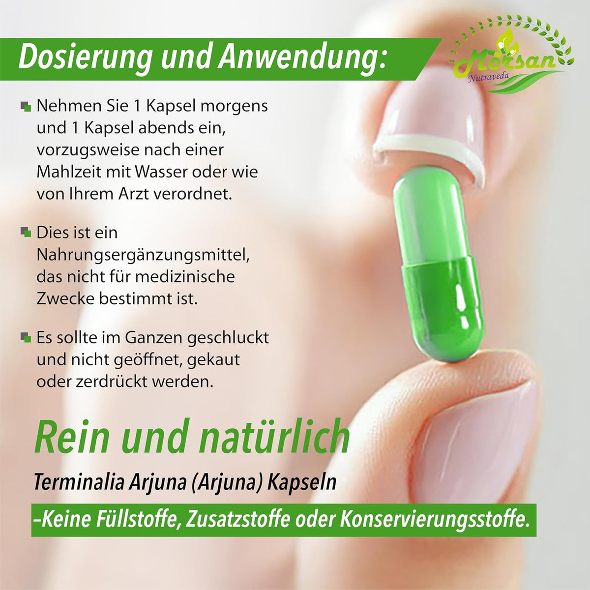 Morsan Nutraveda Arjuna (Terminalia Arjuna) Kapseln | 10:1 hochkonzentrierter Extrakt | 100 % Naturprodukt | Packung mit 60 x 500 mg Veg. Kapseln