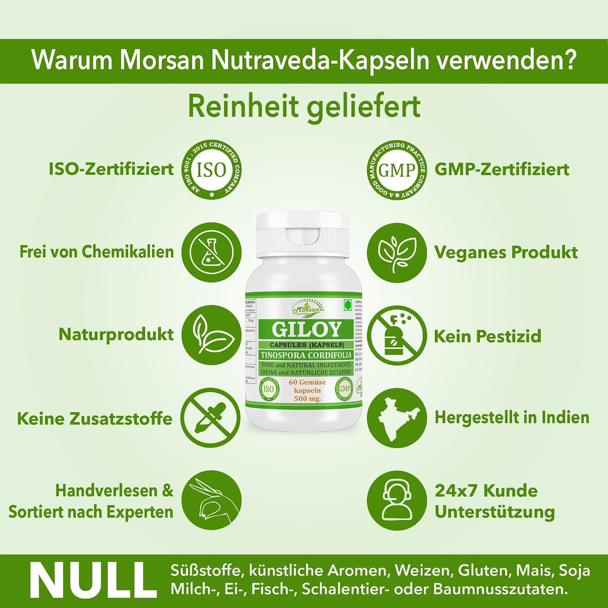Morsan Nutraveda Giloy (Tinospora Cordifolia, Guduchi) Kapseln | 10:1 hochkonzentrierter Extrakt | 100 % Naturprodukt | Packung mit 60 x 500 mg Vegi-Kapseln