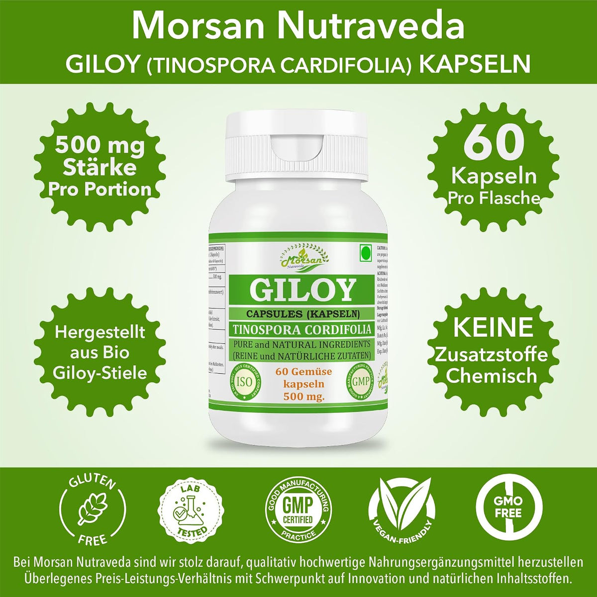 Morsan Nutraveda Giloy (Tinospora Cordifolia, Guduchi) Kapseln | 10:1 hochkonzentrierter Extrakt | 100 % Naturprodukt | Packung mit 60 x 500 mg Vegi-Kapseln
