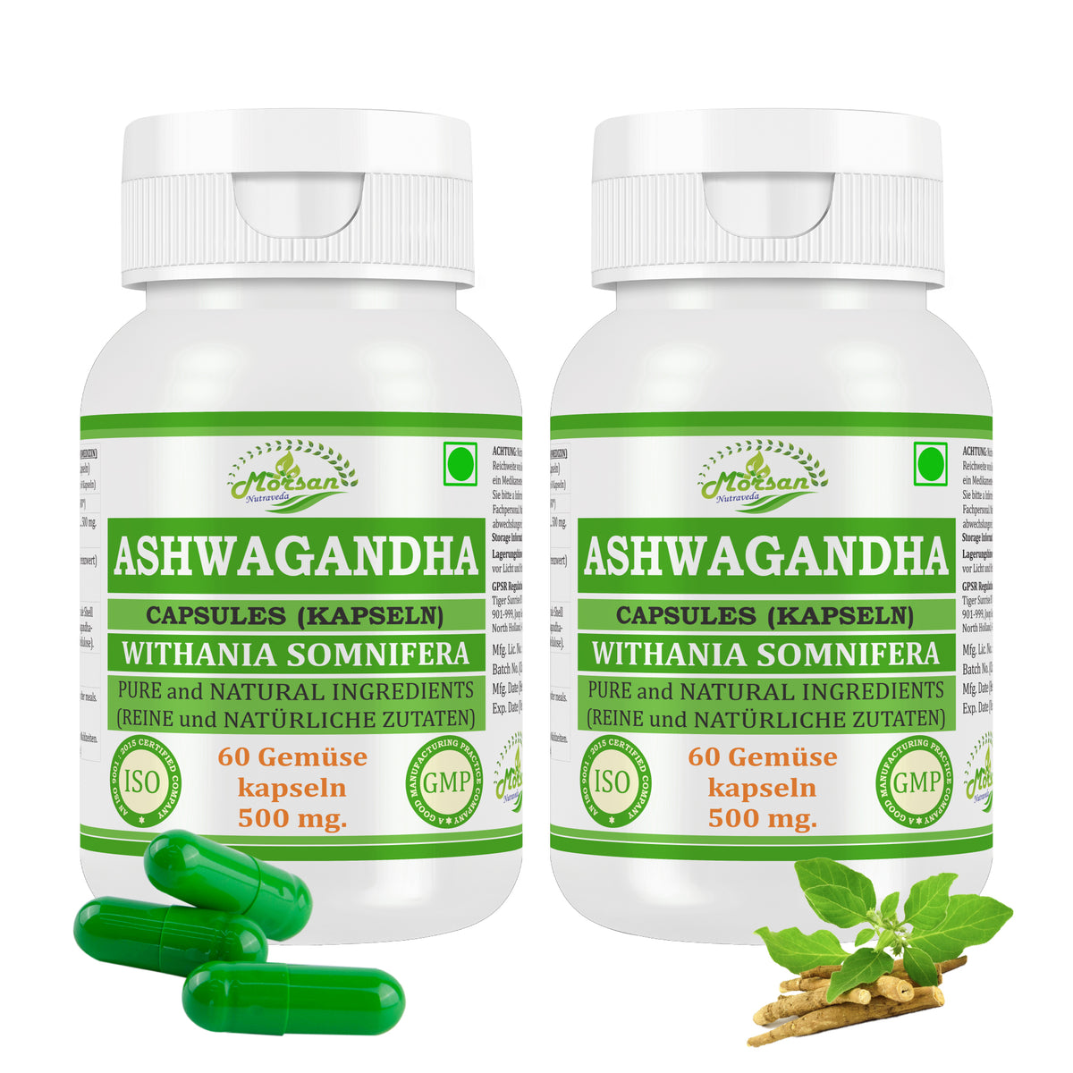 Morsan Nutraveda Ashwagandha-Kapseln – 500 mg 10:1-Extrakt | 60 vegane Kapseln | Nahrungsergänzungsmittel
