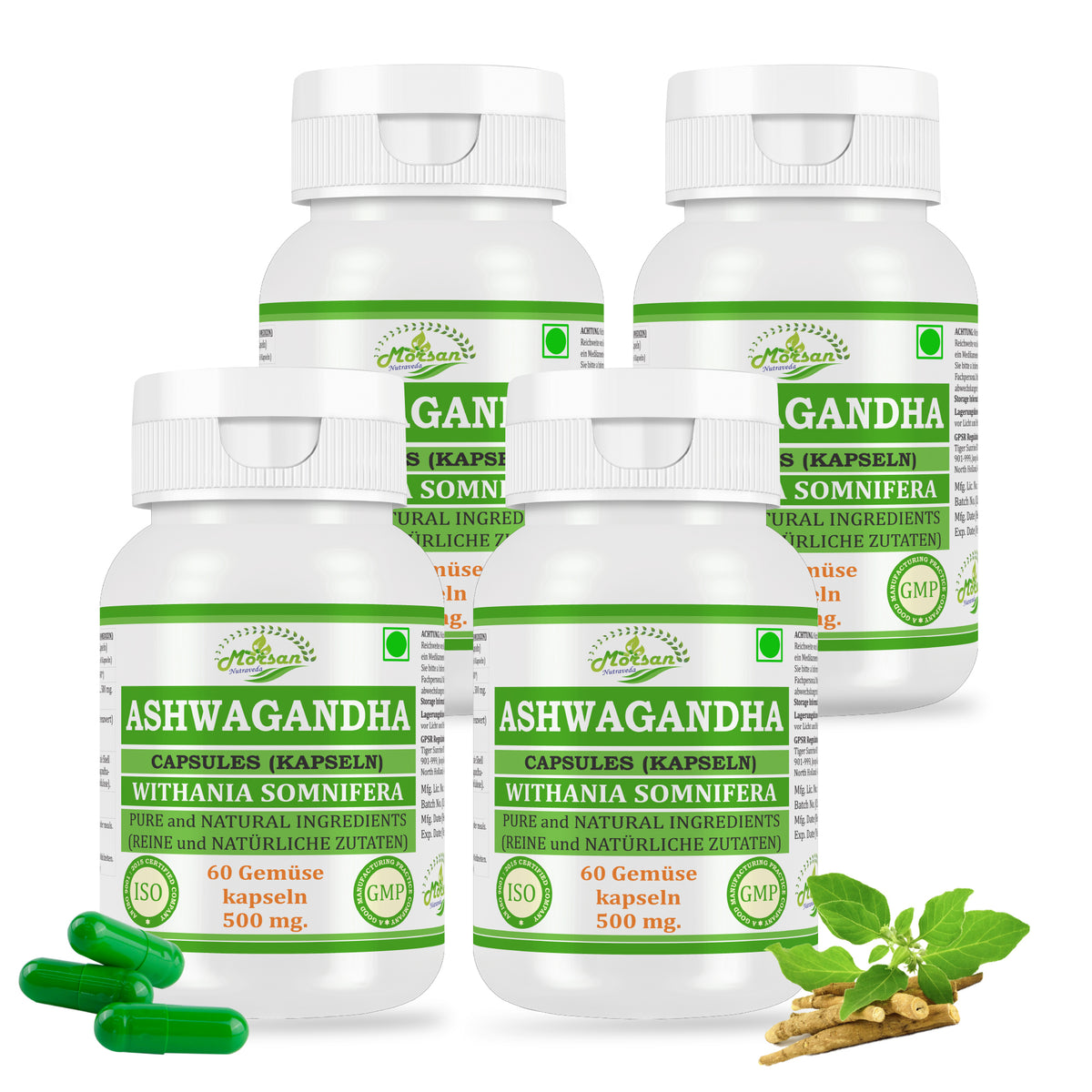 Morsan Nutraveda Ashwagandha-Kapseln – 500 mg 10:1-Extrakt | 60 vegane Kapseln | Nahrungsergänzungsmittel
