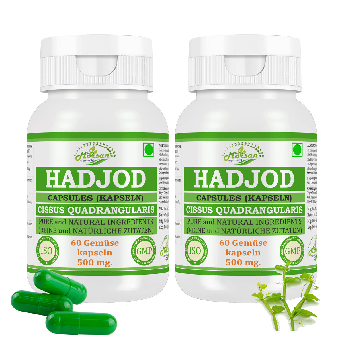 Morsan Nutraveda Hadjod Kapseln (Cissus quadrangularis) | 10:1 Extrakt | 500 mg | 60 vegetarische Kapseln | Pflanzliches Nahrungsergänzungsmittel