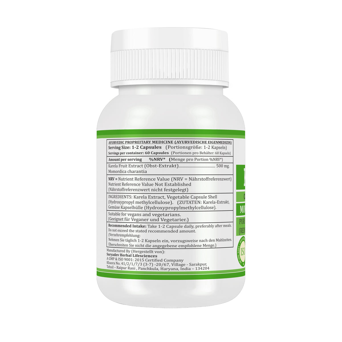 Morsan Nutraveda’s Karela (Momordica Charantia, Bitter Melon) Capsule | 10:1 Highest Potency Extract | 100 % Natural Product | Pack of 60 x 500 mg. Veg. Capsules