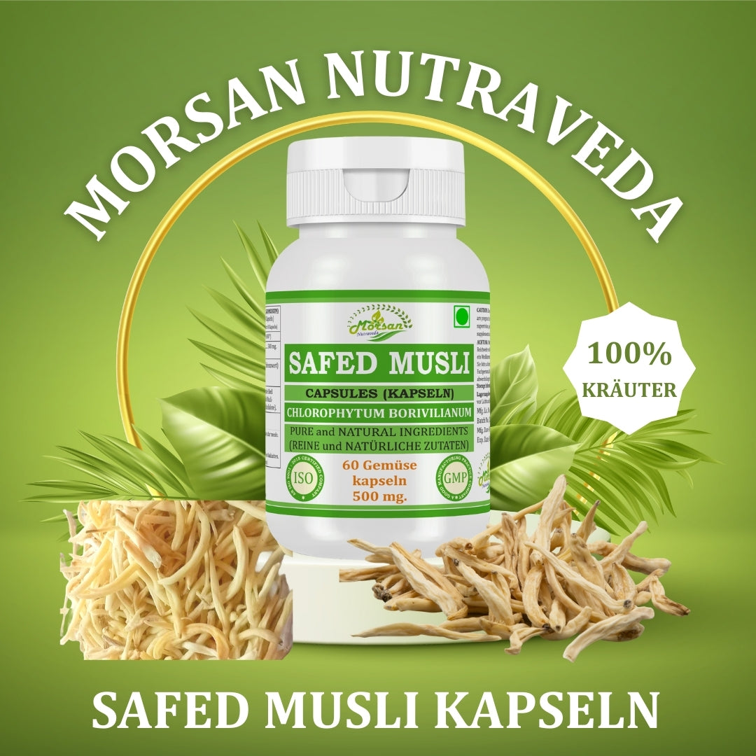 Morsan Nutraveda Safed Musli (Chlorophytum Arundinaceum) Kapseln | 10:1 Extrakt mit höchster Wirksamkeit | 100 % natürliches Produkt | Packung mit 60 x 500 mg Veg. Kapseln