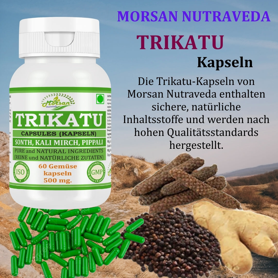 Morsan Nutraveda Trikatu (Extrakt aus Pippali (Piper Longum), Kali Mirch (Piper Nigrum), Sonth (Zingiber Officinale)) Kapseln | 10:1 hochkonzentrierter Extrakt | Packung mit 60 x 500 mg vegetarischen Kapseln