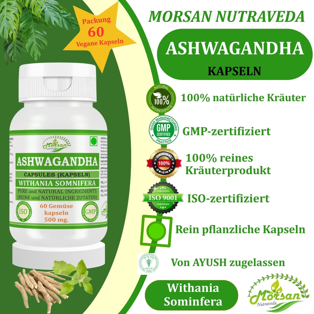 Morsan Nutraveda Ashwagandha-Kapseln – 500 mg 10:1-Extrakt | 60 vegane Kapseln | Nahrungsergänzungsmittel