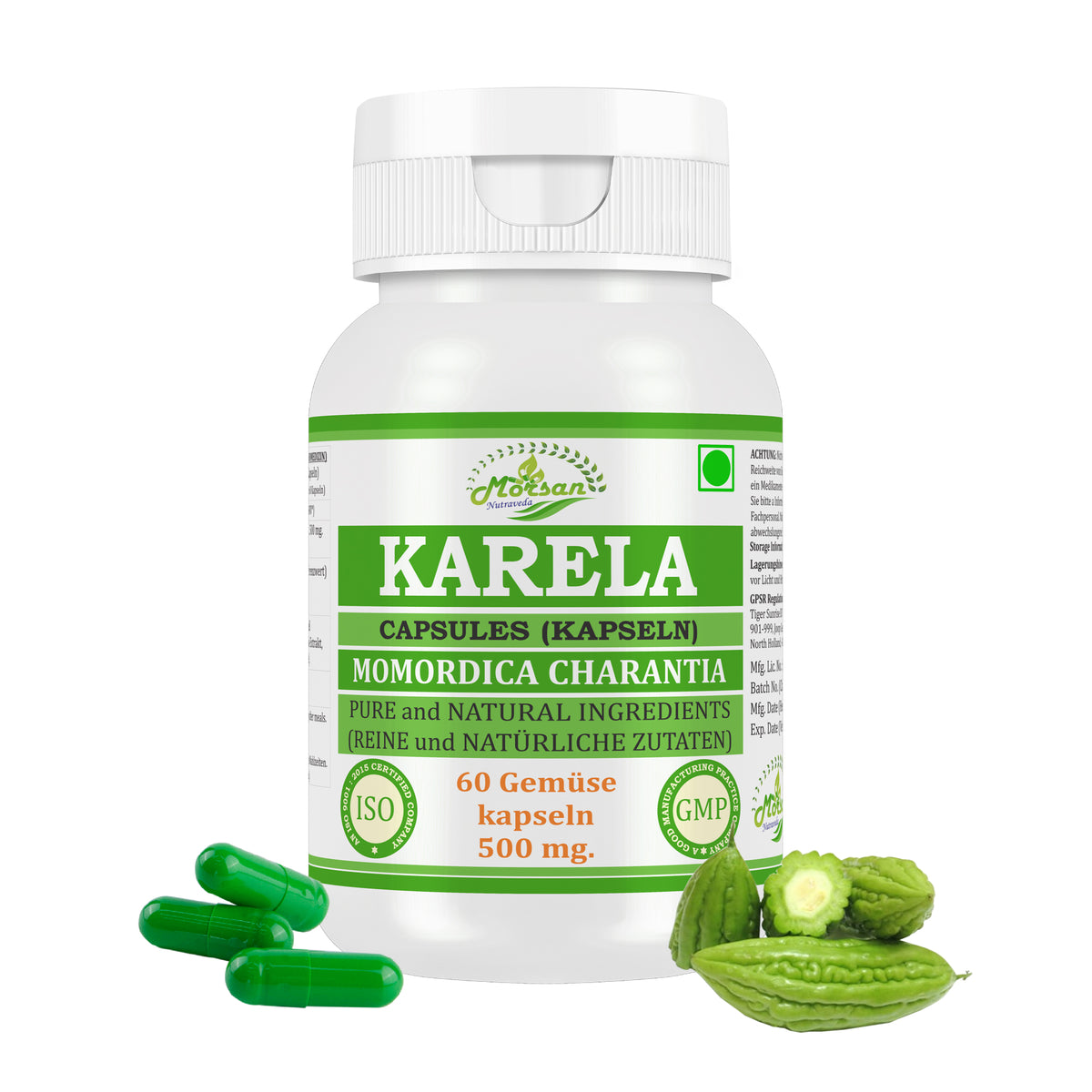 Morsan Nutraveda’s Karela (Momordica Charantia, Bitter Melon) Capsule | 10:1 Highest Potency Extract | 100 % Natural Product | Pack of 60 x 500 mg. Veg. Capsules