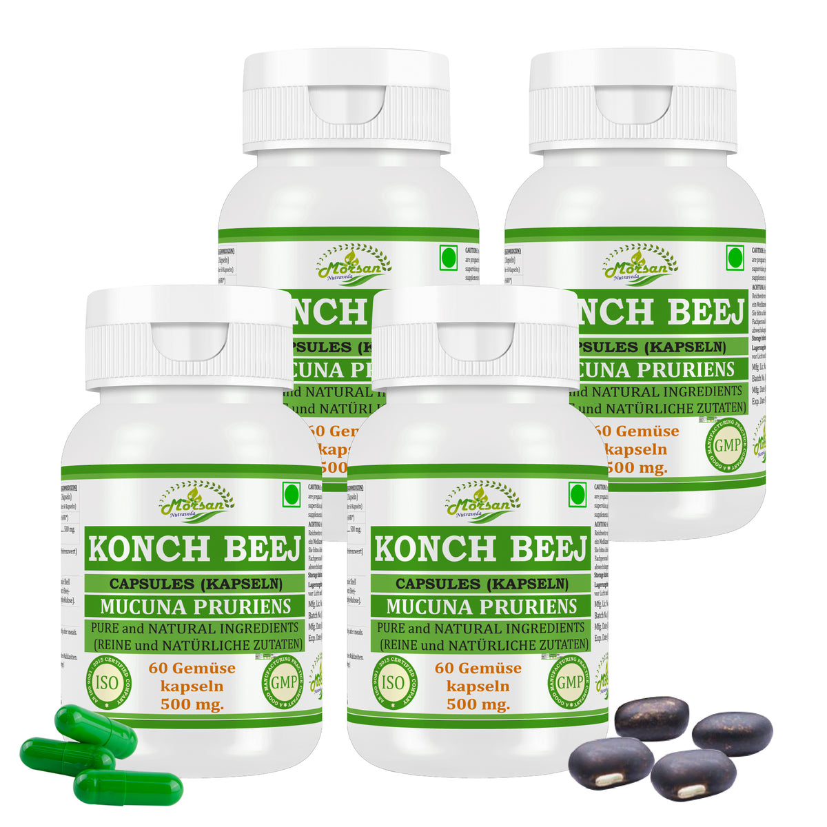 Morsan Nutraveda Konch Beej Capsules 500 mg, Mucuna Pruriens Herbal Supplement, 60 Capsules, Pure and Natural Ingredients