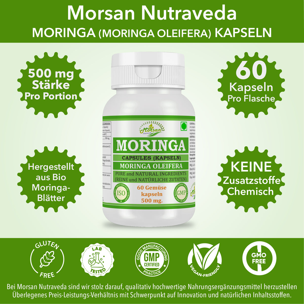 MORINGA-KAPSELN - MORINGA OLEIFERA - 60 Gemüsekapseln 500 mg.