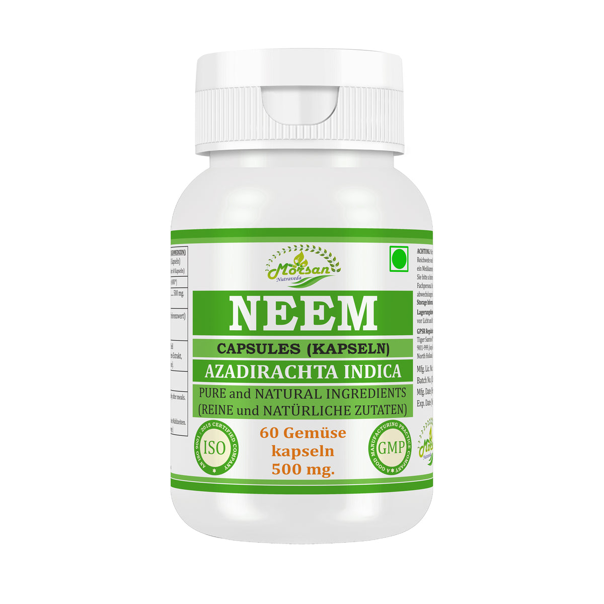 NEEM-KAPSELN - AZADIRACHTA INDICA - 60 pflanzliche Kapseln 500 mg. - REIN und NATÜRLICH