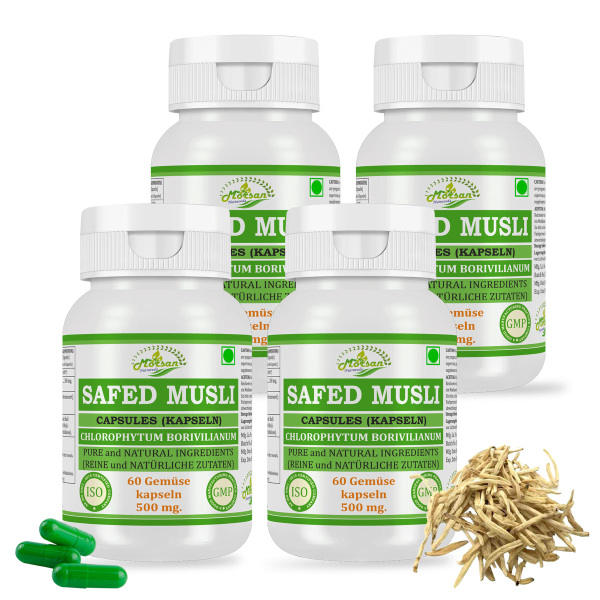 Morsan Nutraveda Safed Musli (Chlorophytum Arundinaceum) Kapseln | 10:1 Extrakt mit höchster Wirksamkeit | 100 % natürliches Produkt | Packung mit 60 x 500 mg Veg. Kapseln