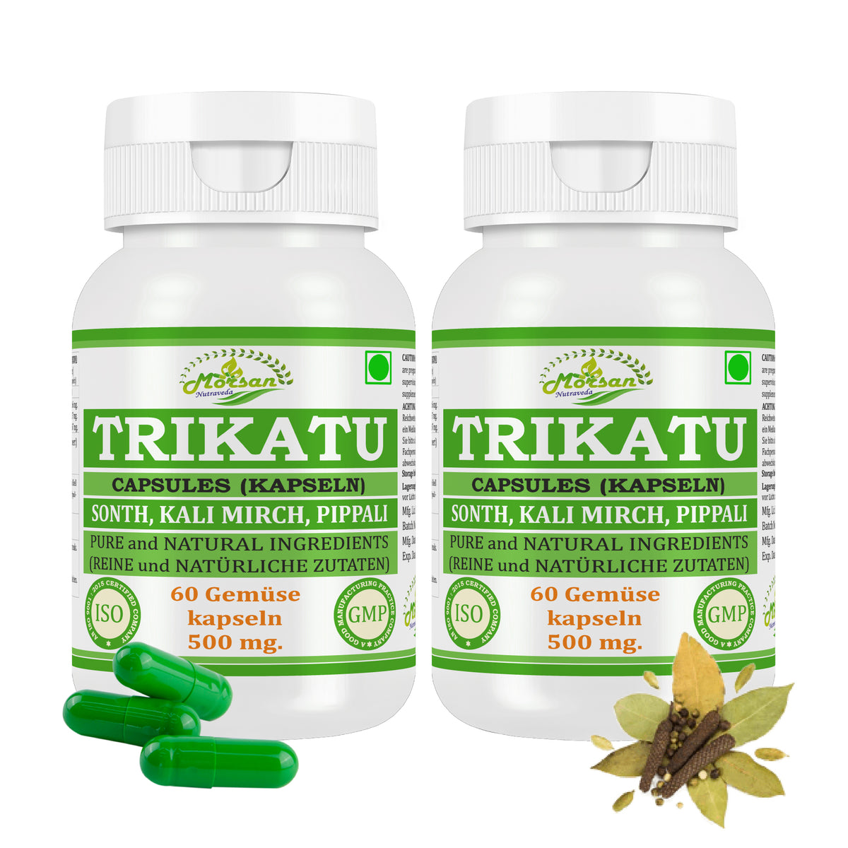 Morsan Nutraveda Trikatu (Extrakt aus Pippali (Piper Longum), Kali Mirch (Piper Nigrum), Sonth (Zingiber Officinale)) Kapseln | 10:1 hochkonzentrierter Extrakt | Packung mit 60 x 500 mg vegetarischen Kapseln