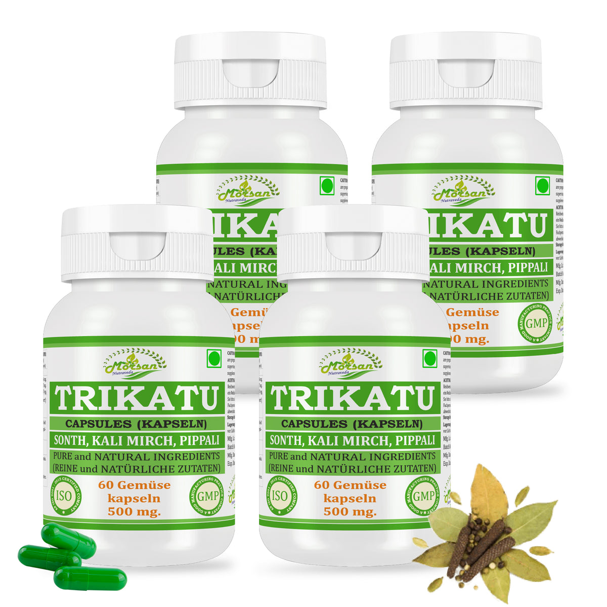 Morsan Nutraveda Trikatu (Extrakt aus Pippali (Piper Longum), Kali Mirch (Piper Nigrum), Sonth (Zingiber Officinale)) Kapseln | 10:1 hochkonzentrierter Extrakt | Packung mit 60 x 500 mg vegetarischen Kapseln
