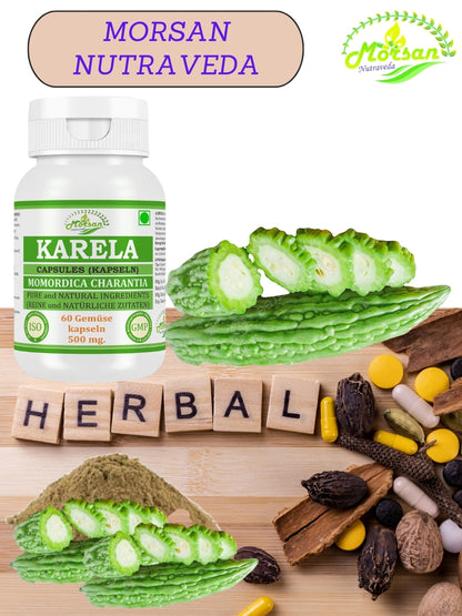 Morsan Nutraveda’s Karela (Momordica Charantia, Bitter Melon) Capsule | 10:1 Highest Potency Extract | 100 % Natural Product | Pack of 60 x 500 mg. Veg. Capsules