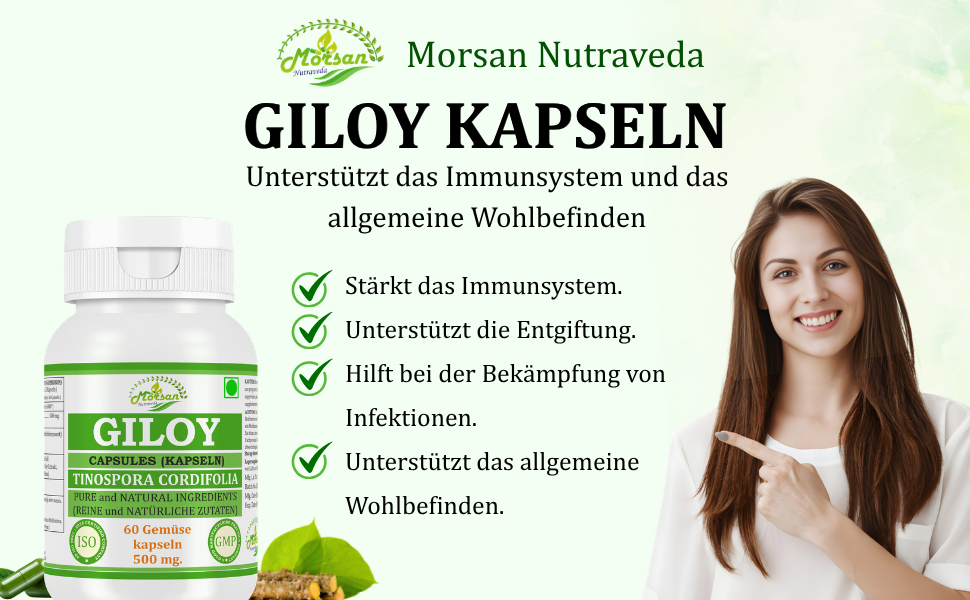 Morsan Nutraveda Giloy (Tinospora Cordifolia, Guduchi) Kapseln | 10:1 hochkonzentrierter Extrakt | 100 % Naturprodukt | Packung mit 60 x 500 mg Vegi-Kapseln