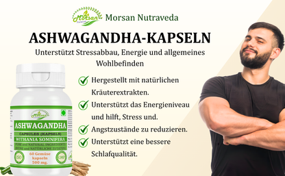 Morsan Nutraveda Ashwagandha-Kapseln – 500 mg 10:1-Extrakt | 60 vegane Kapseln | Nahrungsergänzungsmittel