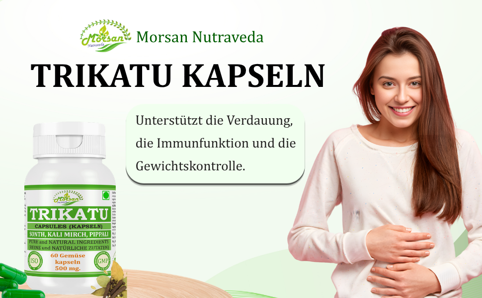 Morsan Nutraveda Trikatu (Extrakt aus Pippali (Piper Longum), Kali Mirch (Piper Nigrum), Sonth (Zingiber Officinale)) Kapseln | 10:1 hochkonzentrierter Extrakt | Packung mit 60 x 500 mg vegetarischen Kapseln