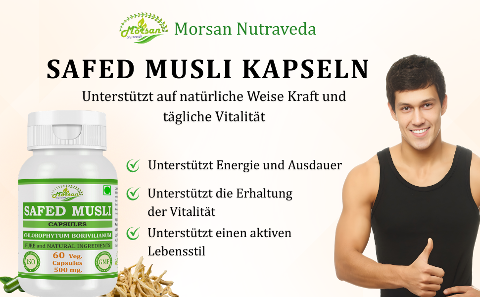 Morsan Nutraveda Safed Musli (Chlorophytum Arundinaceum) Kapseln | 10:1 Extrakt mit höchster Wirksamkeit | 100 % natürliches Produkt | Packung mit 60 x 500 mg Veg. Kapseln