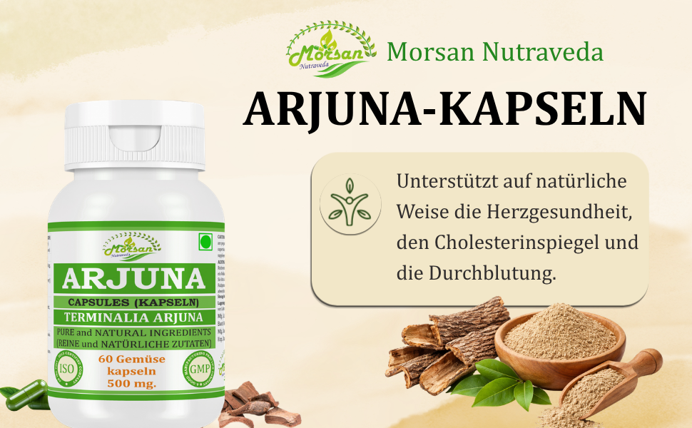 Morsan Nutraveda Arjuna (Terminalia Arjuna) Kapseln | 10:1 hochkonzentrierter Extrakt | 100 % Naturprodukt | Packung mit 60 x 500 mg Veg. Kapseln