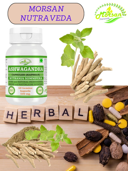 Morsan Nutraveda Ashwagandha-Kapseln – 500 mg 10:1-Extrakt | 60 vegane Kapseln | Nahrungsergänzungsmittel