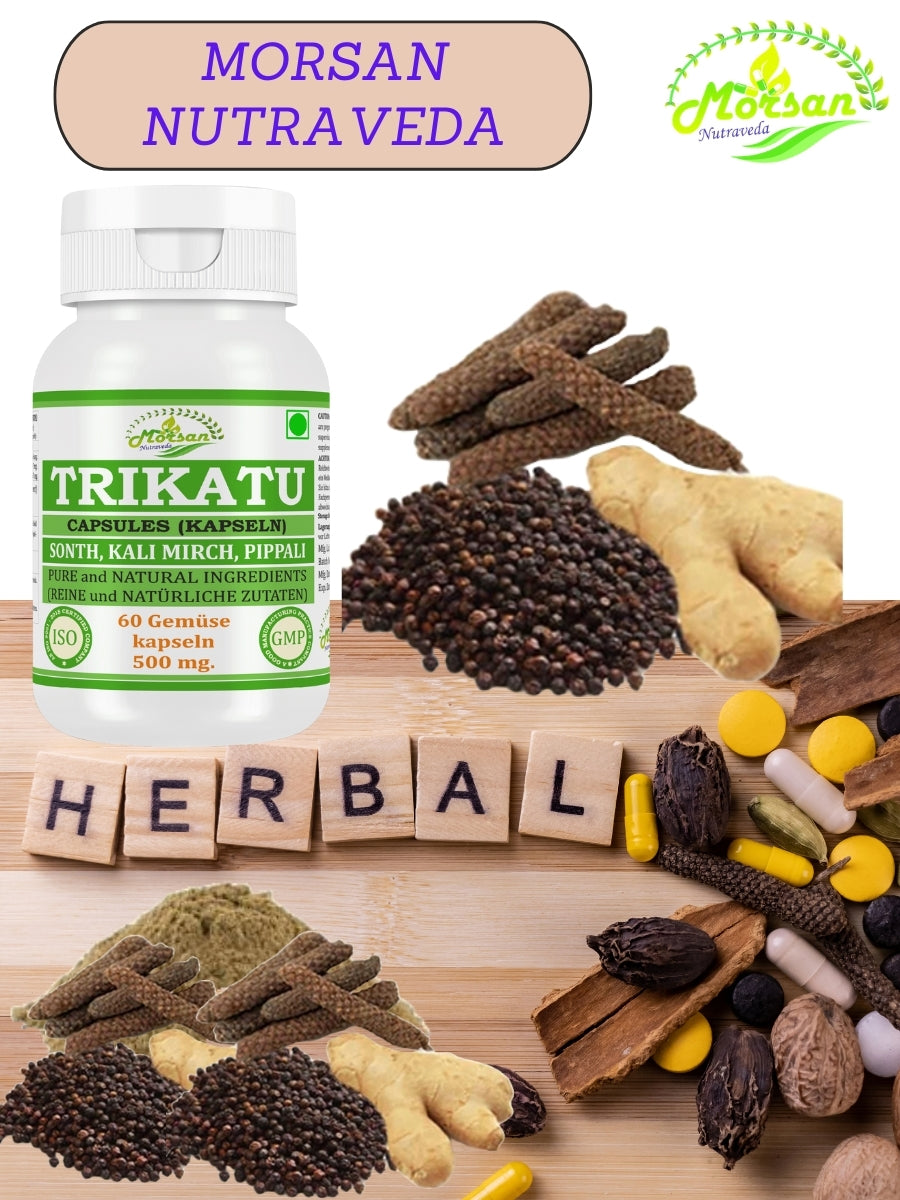 Morsan Nutraveda Trikatu (Extrakt aus Pippali (Piper Longum), Kali Mirch (Piper Nigrum), Sonth (Zingiber Officinale)) Kapseln | 10:1 hochkonzentrierter Extrakt | Packung mit 60 x 500 mg vegetarischen Kapseln