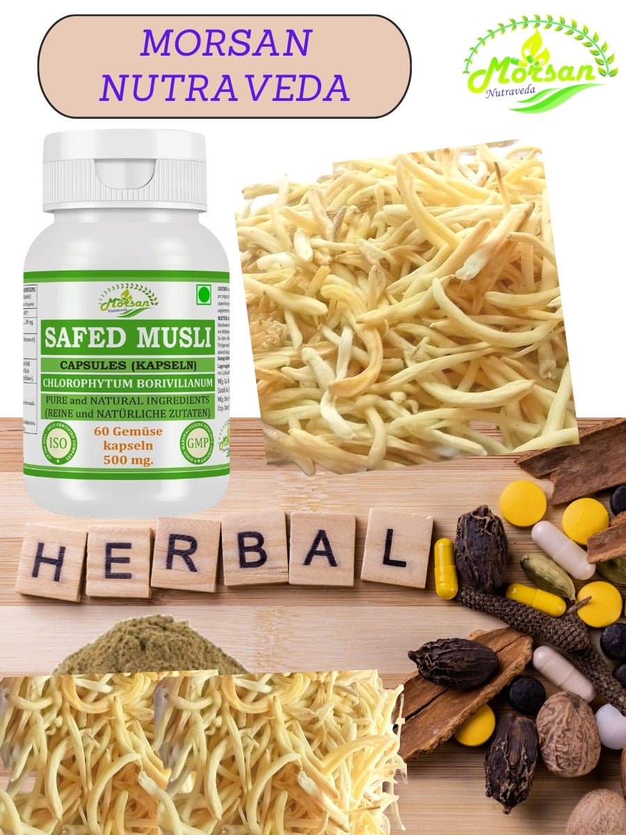 Morsan Nutraveda Safed Musli (Chlorophytum Arundinaceum) Kapseln | 10:1 Extrakt mit höchster Wirksamkeit | 100 % natürliches Produkt | Packung mit 60 x 500 mg Veg. Kapseln