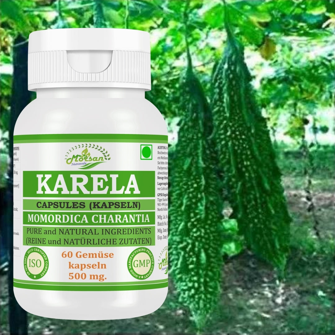 Morsan Nutraveda’s Karela (Momordica Charantia, Bitter Melon) Capsule | 10:1 Highest Potency Extract | 100 % Natural Product | Pack of 60 x 500 mg. Veg. Capsules