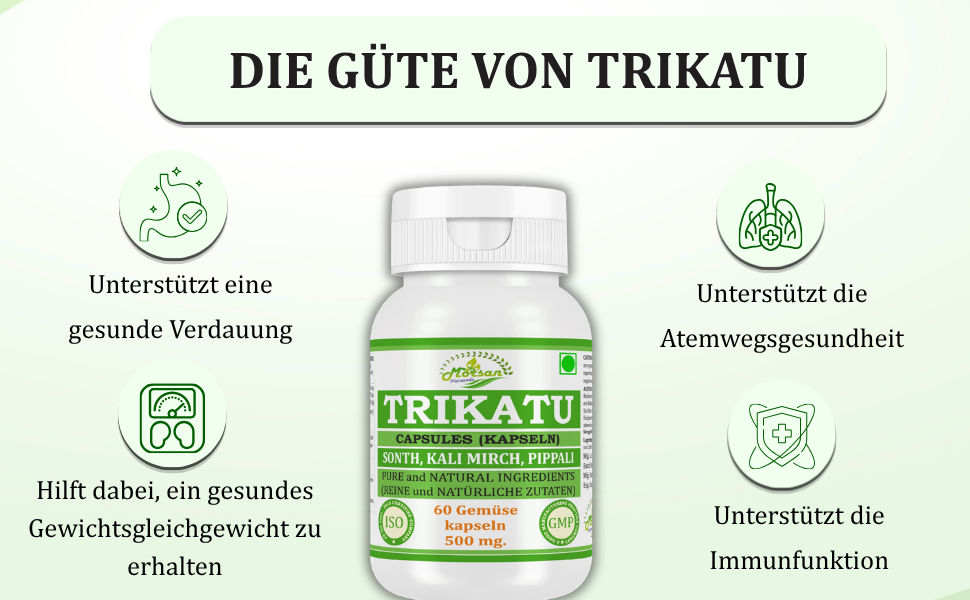 Morsan Nutraveda Trikatu (Extrakt aus Pippali (Piper Longum), Kali Mirch (Piper Nigrum), Sonth (Zingiber Officinale)) Kapseln | 10:1 hochkonzentrierter Extrakt | Packung mit 60 x 500 mg vegetarischen Kapseln