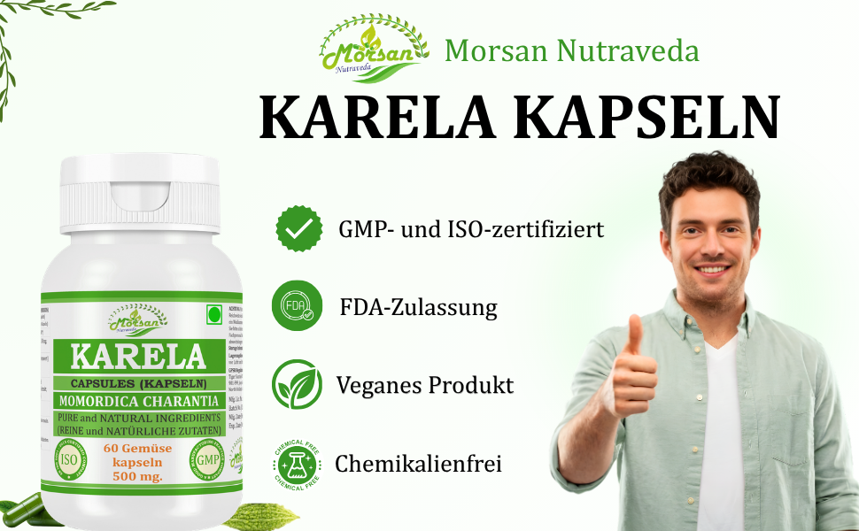 Morsan Nutraveda’s Karela (Momordica Charantia, Bitter Melon) Capsule | 10:1 Highest Potency Extract | 100 % Natural Product | Pack of 60 x 500 mg. Veg. Capsules