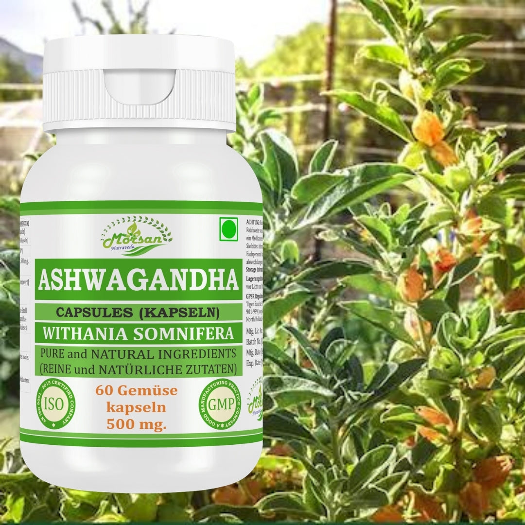 Morsan Nutraveda Ashwagandha-Kapseln – 500 mg 10:1-Extrakt | 60 vegane Kapseln | Nahrungsergänzungsmittel