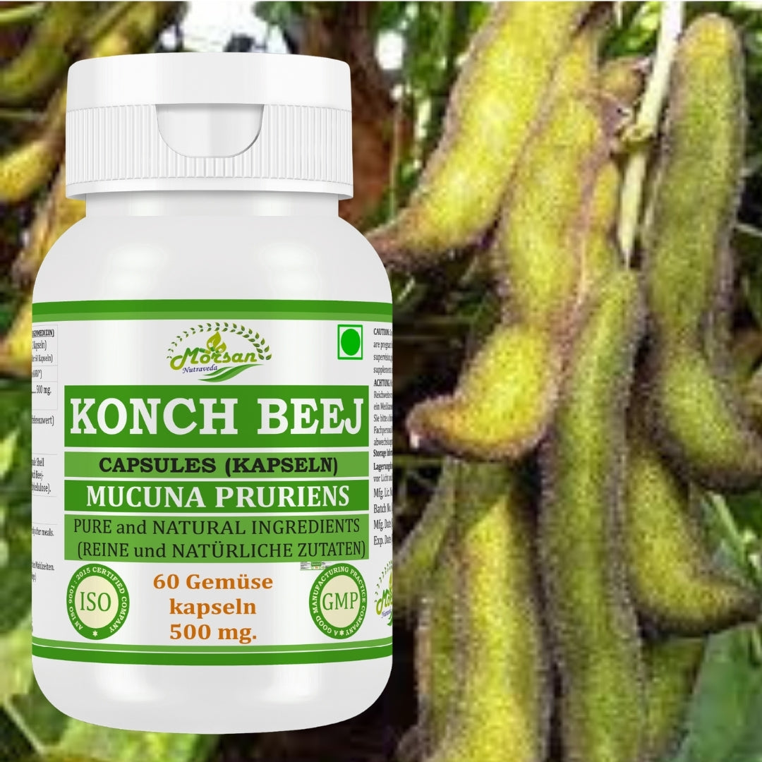 Morsan Nutraveda Konch Beej Capsules 500 mg, Mucuna Pruriens Herbal Supplement, 60 Capsules, Pure and Natural Ingredients