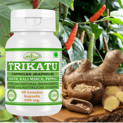 Morsan Nutraveda Trikatu (Extrakt aus Pippali (Piper Longum), Kali Mirch (Piper Nigrum), Sonth (Zingiber Officinale)) Kapseln | 10:1 hochkonzentrierter Extrakt | Packung mit 60 x 500 mg vegetarischen Kapseln