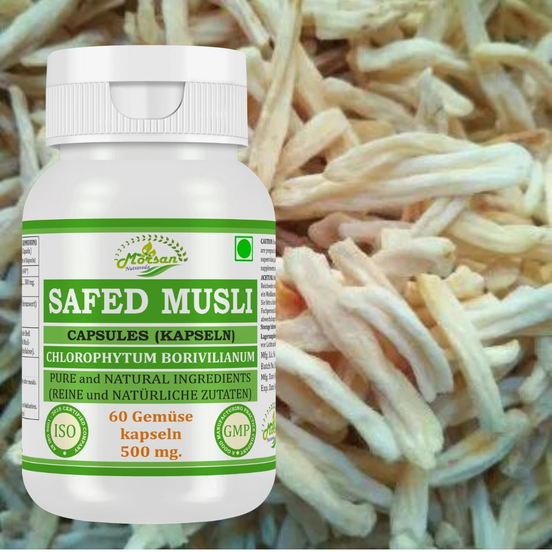 Morsan Nutraveda Safed Musli (Chlorophytum Arundinaceum) Kapseln | 10:1 Extrakt mit höchster Wirksamkeit | 100 % natürliches Produkt | Packung mit 60 x 500 mg Veg. Kapseln