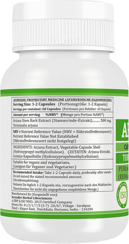 Morsan Nutraveda Arjuna (Terminalia Arjuna) Kapseln | 10:1 hochkonzentrierter Extrakt | 100 % Naturprodukt | Packung mit 60 x 500 mg Veg. Kapseln