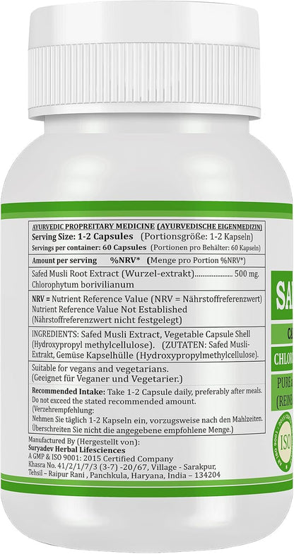 Morsan Nutraveda Safed Musli (Chlorophytum Arundinaceum) Kapseln | 10:1 Extrakt mit höchster Wirksamkeit | 100 % natürliches Produkt | Packung mit 60 x 500 mg Veg. Kapseln