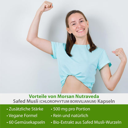 Morsan Nutraveda Safed Musli (Chlorophytum Arundinaceum) Kapseln | 10:1 Extrakt mit höchster Wirksamkeit | 100 % natürliches Produkt | Packung mit 60 x 500 mg Veg. Kapseln